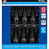 BlueSpot Impact Key Torx 1/2" Drive Bit Socket Set T20 - T70 Bits 10pc